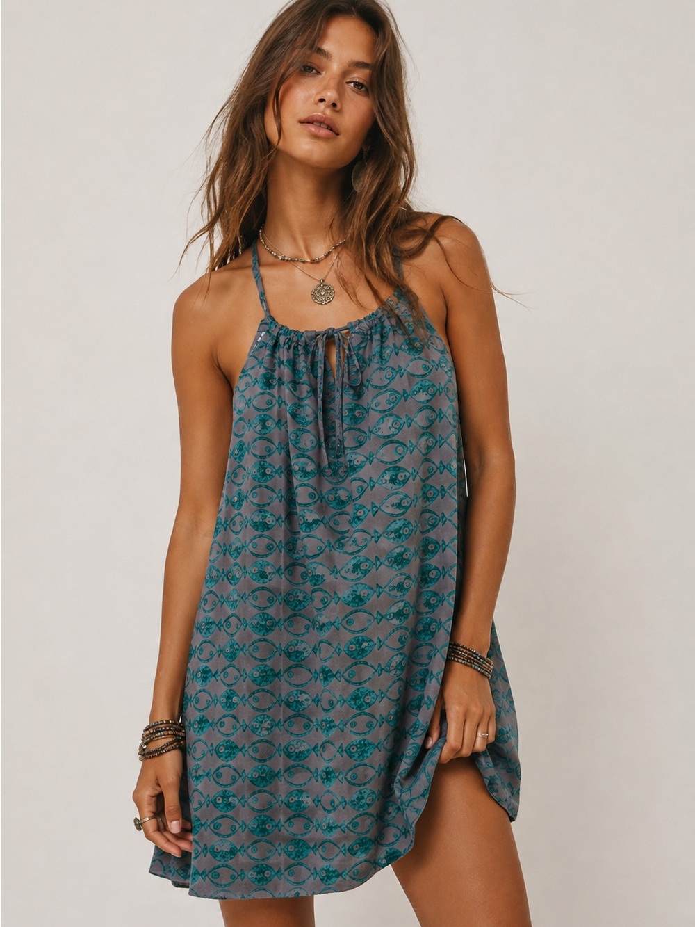 Urban Outfitters BDG Eva Tie-Front Trapeze Mini Dress Fish Print - blue Medium